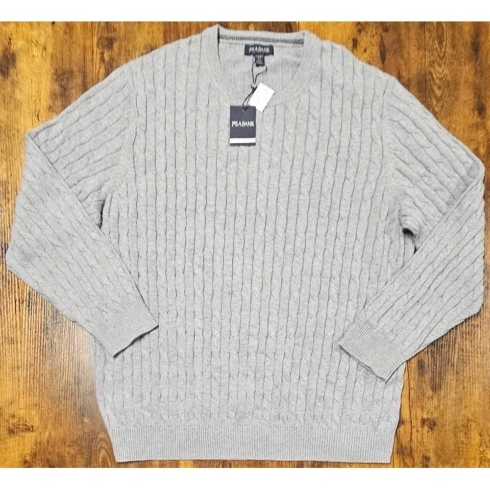 Jos A Bank Tailored Fit Sweater Mens 2XL Gray Cable Knit Crewneck Pullover NWT‎